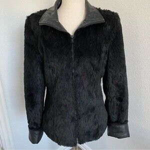 Ness Faux Fur Vintage Leather Look Accents Black Zip Front Jacket SZ S